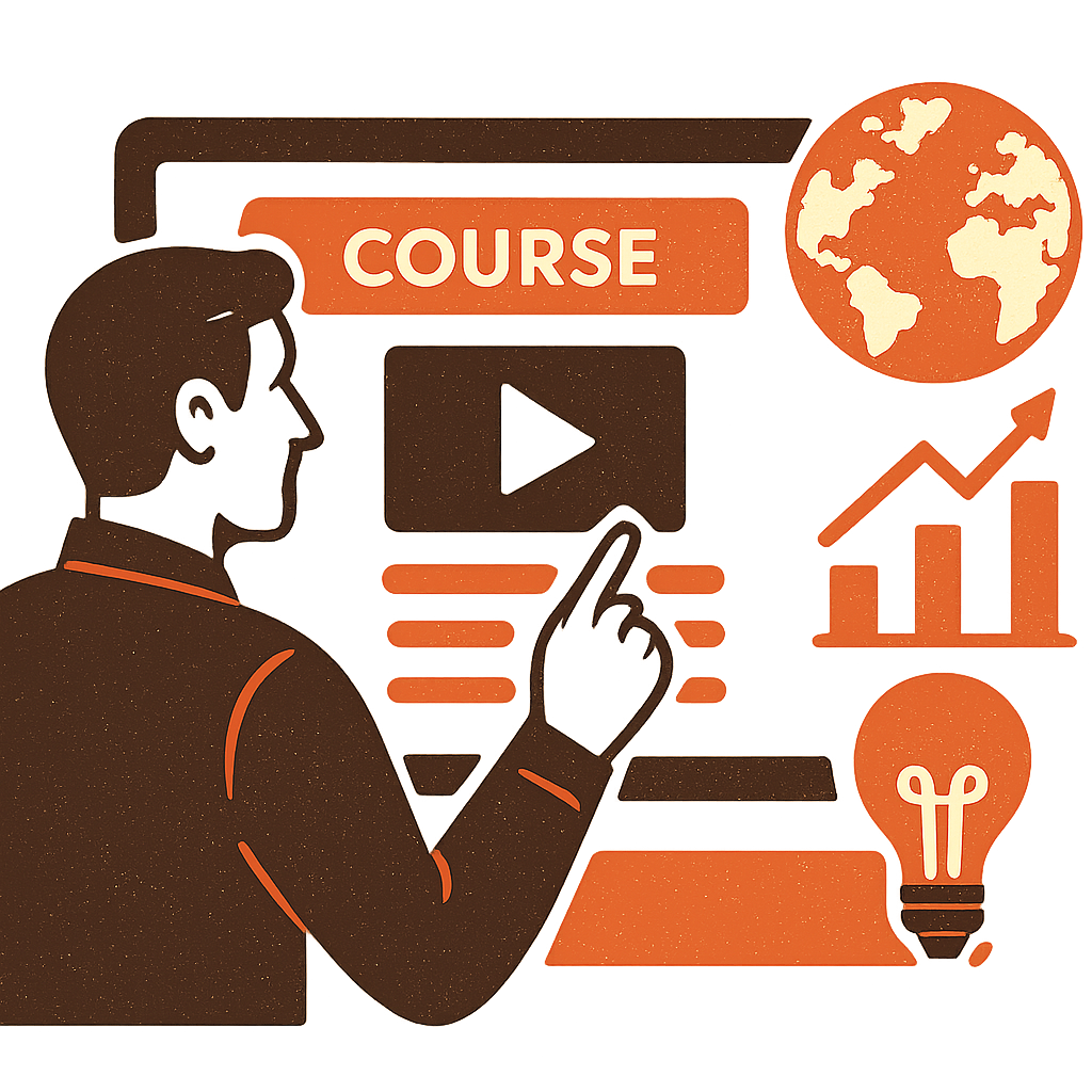 Illustration of a person selecting a course from a digital interface, symbolizing initial engagement with learning.