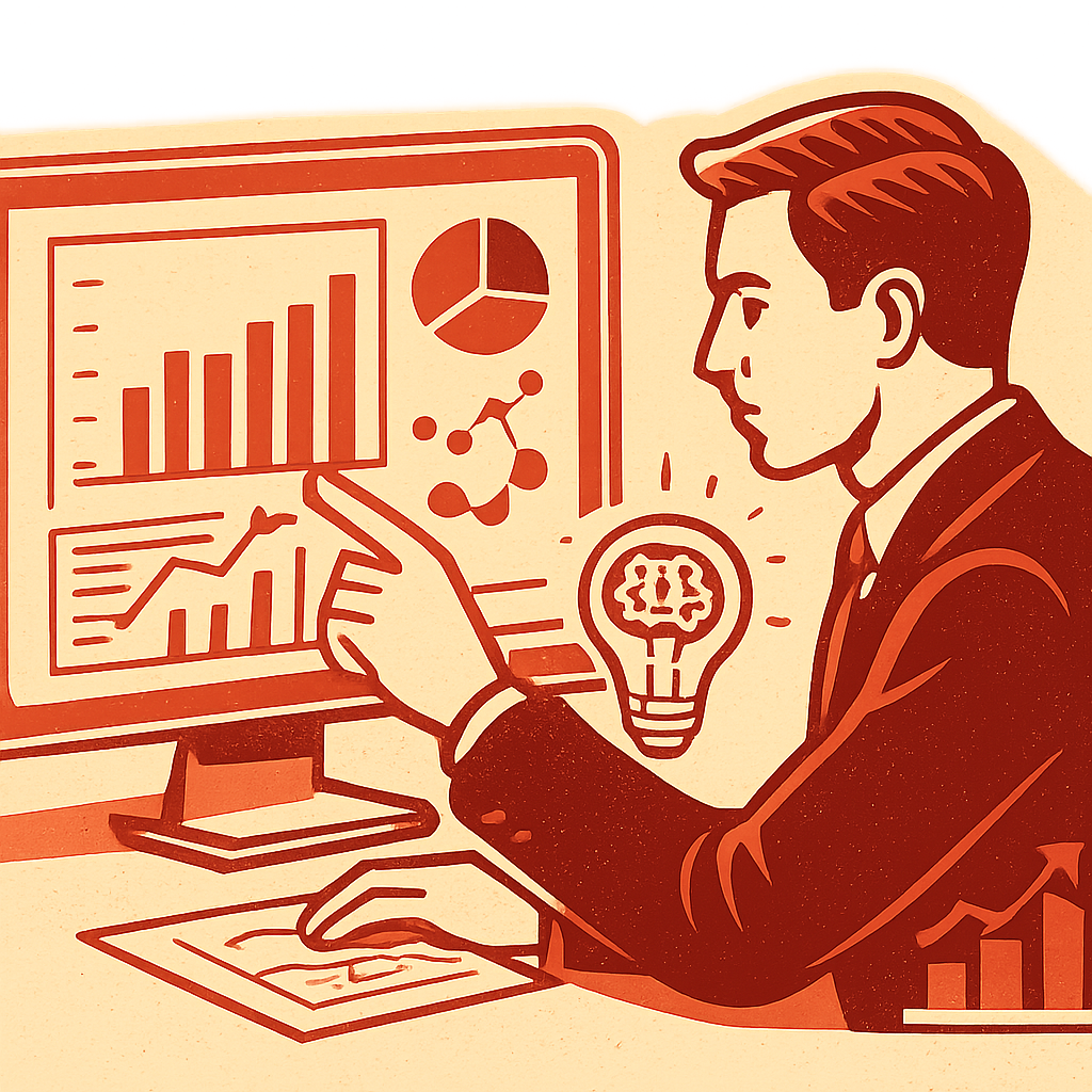 Illustration of a professional applying data analysis skills, with graphs and a computer screen.