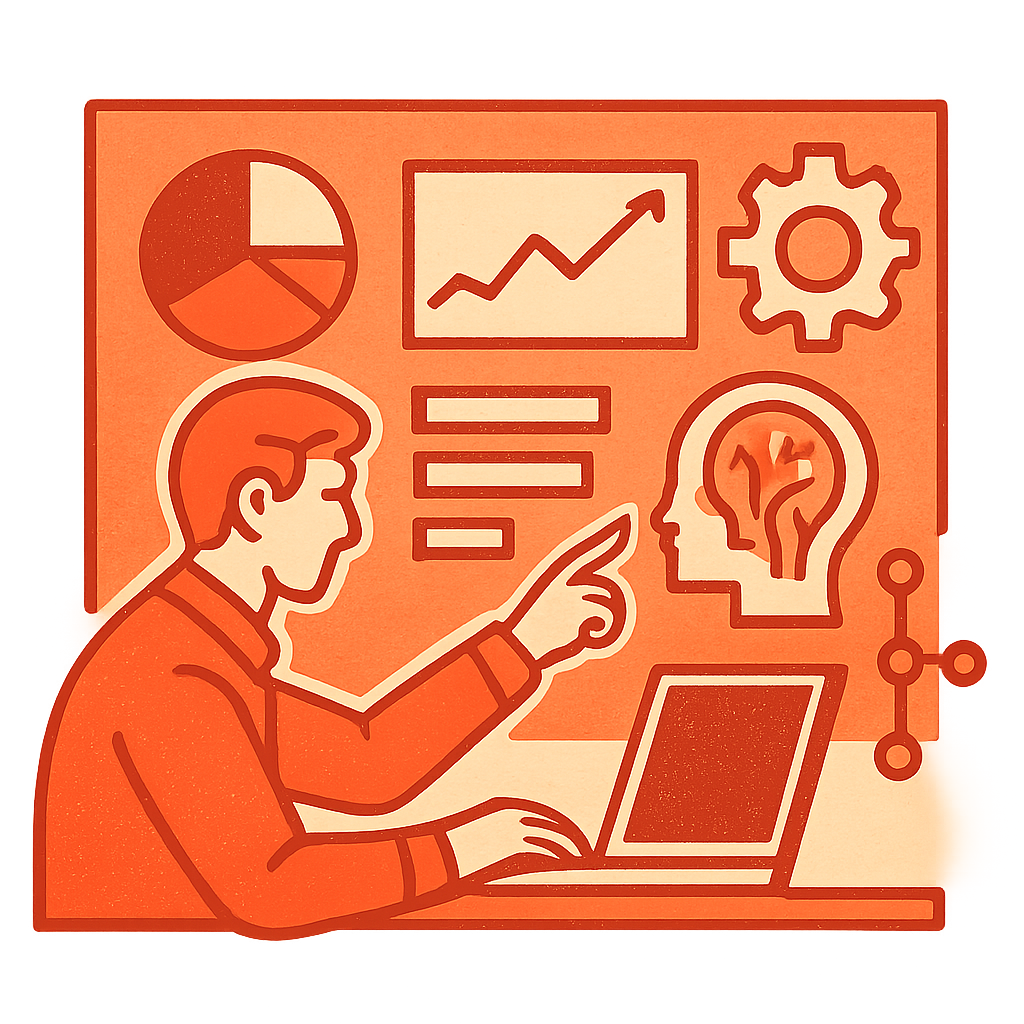 Illustration of interactive learning, showing charts, data points, and AI elements.