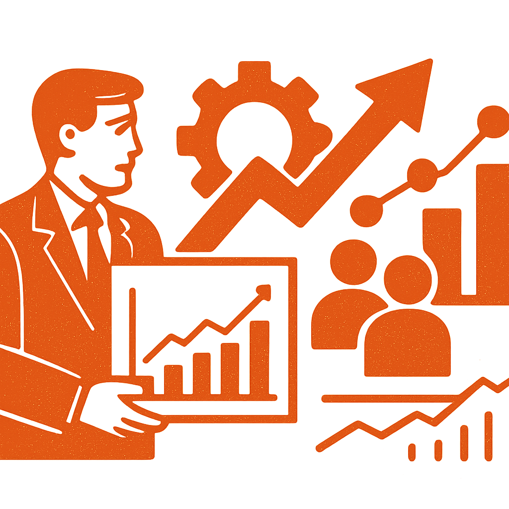 Illustration of continuous growth, showing a rising graph and collaborative elements.