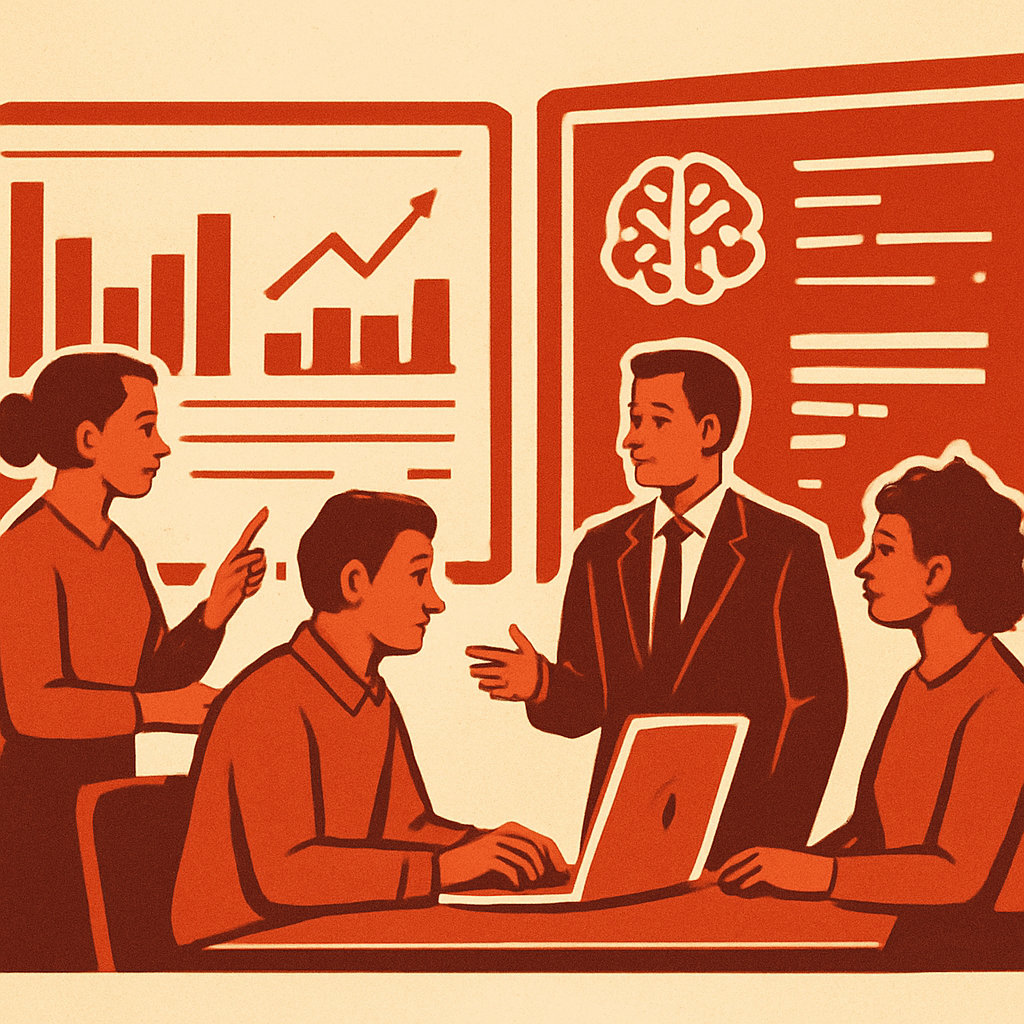 A diverse team collaborating on data analytics and AI models on large screens